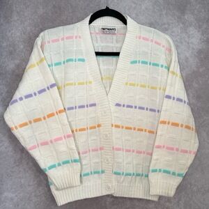Vintage 80's KnitWaves Acrylic‎ Button Front Cardigan Pastel Stripes Size S